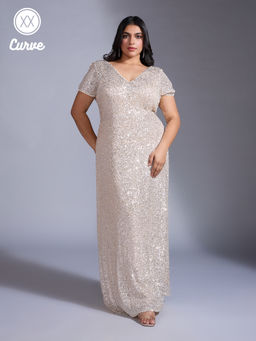 Twenty Dresses by Nykaa Fashion - Curve Party Gold Sequin V Neck Short Sleeves Sheath Gown