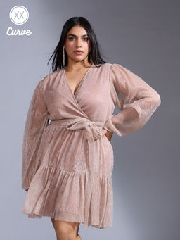 Twenty Dresses by Nykaa Fashion - Curve Rose Gold Puff Sleeves Wrap Mini Dress & Belt (Set of 2)