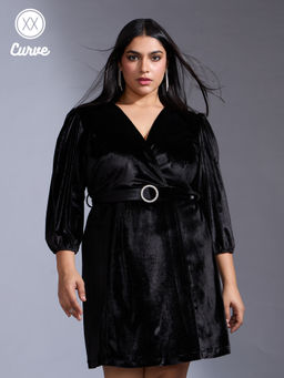 Twenty Dresses by Nykaa Fashion - Curve Party Black V Neck Short Wrap Dress & Belt (Set of 2)