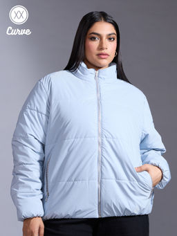 Twenty Dresses by Nykaa Fashion - Curve Sky Blue Solid Quilted Puffer Jacket
