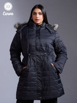 Twenty Dresses by Nykaa Fashion - Curve Black Furry Hooded Quilted Long Puffer Jacket
