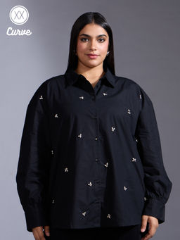 Twenty Dresses by Nykaa Fashion - Curve Black Embellished Full Sleeves Straight Fit Shirt