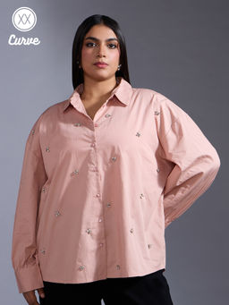 Twenty Dresses by Nykaa Fashion - Curve Blush Pink Embellished Full Sleeves Straight Fit Shirt