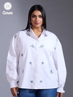 Twenty Dresses by Nykaa Fashion - Curve White Embroidered Full Sleeves Straight Fit Shirt