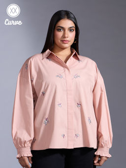 Twenty Dresses by Nykaa Fashion - Curve Blush Pink Embroidered Full Sleeves Straight Fit Shirt
