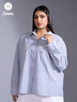 Twenty Dresses by Nykaa Fashion - Curve Blue and White Stripes Full Sleeves Straight Fit Shirt