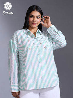 Twenty Dresses by Nykaa Fashion - Curve Green and White Stripes Full Sleeves Straight Fit Shirt
