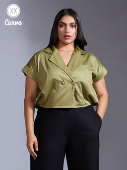 Twenty Dresses by Nykaa Fashion - Curve Light Green Solid Lapel Collar Gathered Top