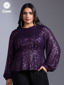 Twenty Dresses by Nykaa Fashion - Curve Party Purple Sequin Round Neck Puff Sleeves Peplum Top