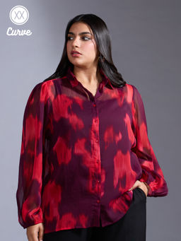 Twenty Dresses by Nykaa Fashion - Curve Party Red Chiffon Abstract Puff Sleeves Straight Shirt