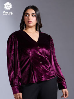 Twenty Dresses by Nykaa Fashion - Curve Party Maroon V Neck Fitted Sleeves Top