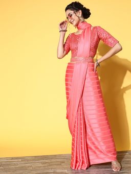 Sareemall - Women's Satin Pink Embellished Belted Sarees with Unstitched Blouse