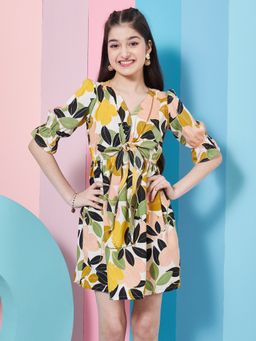 PSPeaches - Floral Print Puff Sleeve Crepe Fit Flare Dress