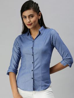 SHOWOFFFF - Women Skinny Fit Regular Sleeves Blue Vertical Stripes Shirt