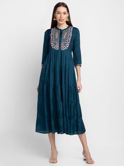 Globus - Teal Mandarin Collar Yoke Embroidered Dress
