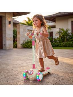 BAYBEE - Cream Rydelle Foldable 3 Wheel Kick Scooter with LED Wheels, Music
