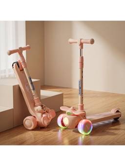 BAYBEE - Beige Skiddo Foldable 3 Wheel Kick Scooter with RGB Lights, Music