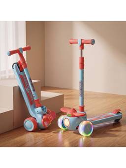 BAYBEE - Red/Blue Skiddo Foldable 3 Wheel Kick Scooter with RGB Lights, Music