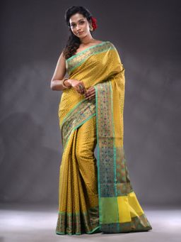 CHARUKRITI - Yellow Katan Silk Handwoven Saree With Unstitched Blouse
