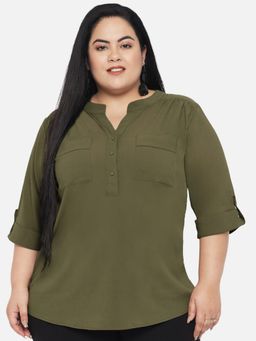 Martini - Olive Green Curve Plus Size Patch Pocket Tunic Top