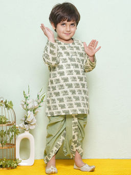 Hopscotch - Boys White And Olive Animal Print Kurta And Dhoti Ethnic Set