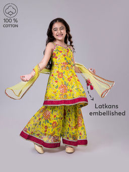 Hopscotch - 3-Piece Floral Print Kurta, Sharara And Dupatta