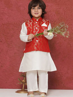 Hopscotch - Boys Red And White Floral Print Jacket, Kurta And Pajama Ethnic Set