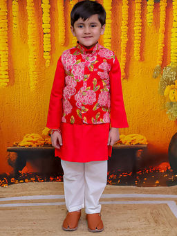 Hopscotch - 3-Piece Floral Print Cotton Jacket, Kurta And Pajama