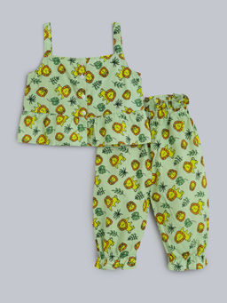 Hopscotch - 2-Piece Lion Print Cotton Crop Kurta And Heram