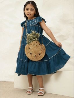 Bugandbees - Pure Cotton Teal Embroidered Tiered Dress