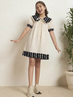 Bugandbees - Off White Cotton With Black Polka Girls A-Line Dress