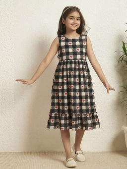 Bugandbees - Girl's Black Cotton Check Heart Print Tiered Dress