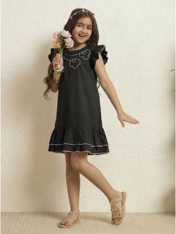 Bugandbees - Girls Black Cotton Poplin Floral Dori Work A-Line Dress