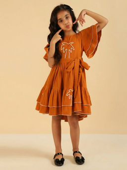 Bugandbees - Tan Embroidered Palm Motif Pure Cotton Gauze Dress With Belt