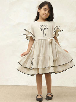 Bugandbees - Off White Embroidered Palm Motif Pure Cotton Gauze Dress With Belt
