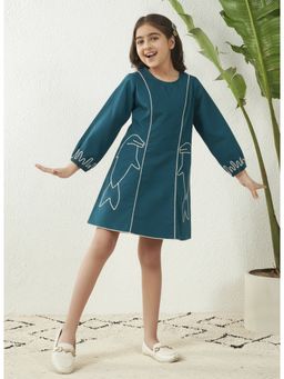 Bugandbees - Fish Motif Teal Cotton Panel Dress