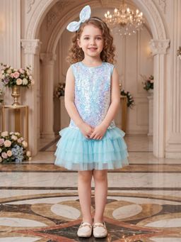 AJ Dezines - Sky-Blue Sequins And Mesh Party Wear Frock With Hairband