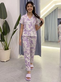 Lil Tomatoes - Purple Girls Cotton Knit Half Sleeve Tie And Dye Print Summer Nightsuit