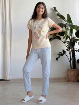 Lil Tomatoes - Cream Girls Cotton Knit Half Sleeve Graphic Print Summer Nightsuit