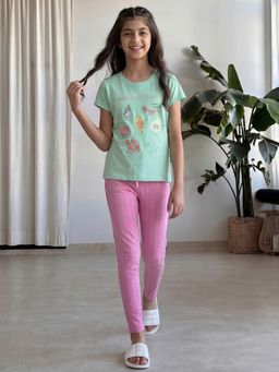 Lil Tomatoes - Green Girls Cotton Knit Half Sleeve Graphic Print Summer Nightsuit