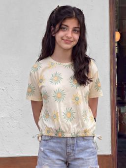 Lil Tomatoes - Cream Girls Cotton Knit Floral Print Summer Top