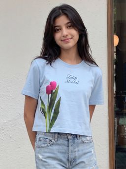 Lil Tomatoes - Blue Girls Cotton Knit Rose Print Summer Top