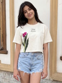 Lil Tomatoes - Yellow Girls Cotton Knit Rose Print Summer Crop Top