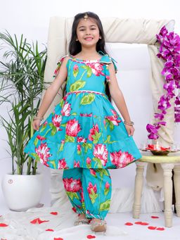 KID1 - Turquoise Floral Kurta With Salwar