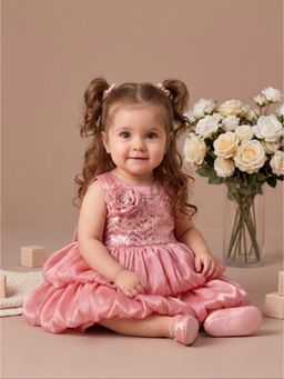 Blabber - Woven Sleeveless Sequin Detailing Flower Frock With Booties