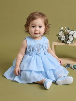 Blabber - Blue Tissue Woven Sleeveless Applique Frock With Booties