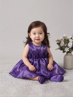 Blabber - Purple Tissue Woven Sleeveless Applique Frock With Booties