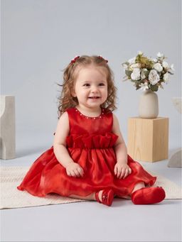Blabber - Red Tissue Woven Sleeveless Applique Frock With Booties