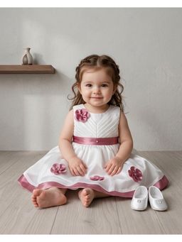 Blabber - White Tissue Woven Sleeveless Flower Applique Frock With Booties