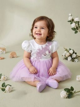 Blabber - Lavender Woven Sleeveless Floral Applique Embroidery Frock With Booties